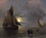 moonlit coastal landscape with sailing ships